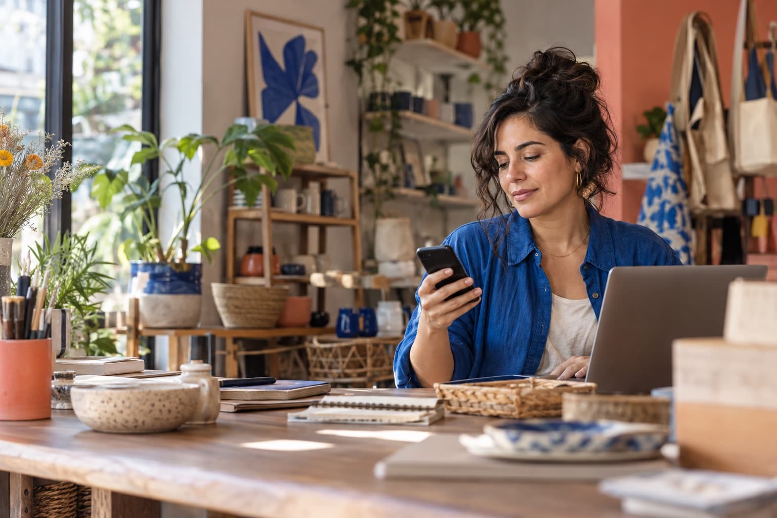 Emprendedora atendiendo mensajes de clientes desde su negocio
